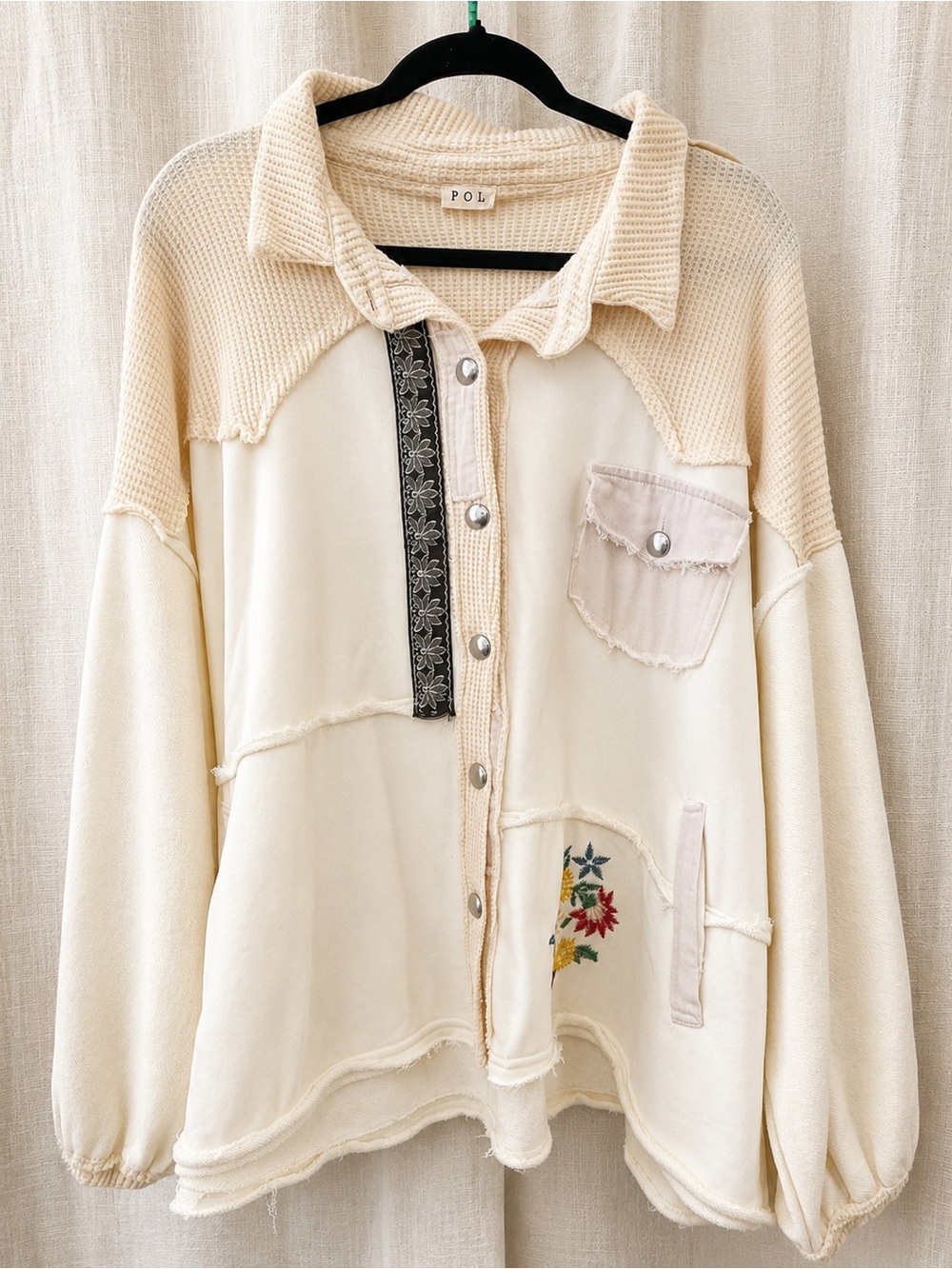 190🌟 POL Ivory Mixed Media Thermal Patchwork Button-Up Jacket | Floral Embroider
